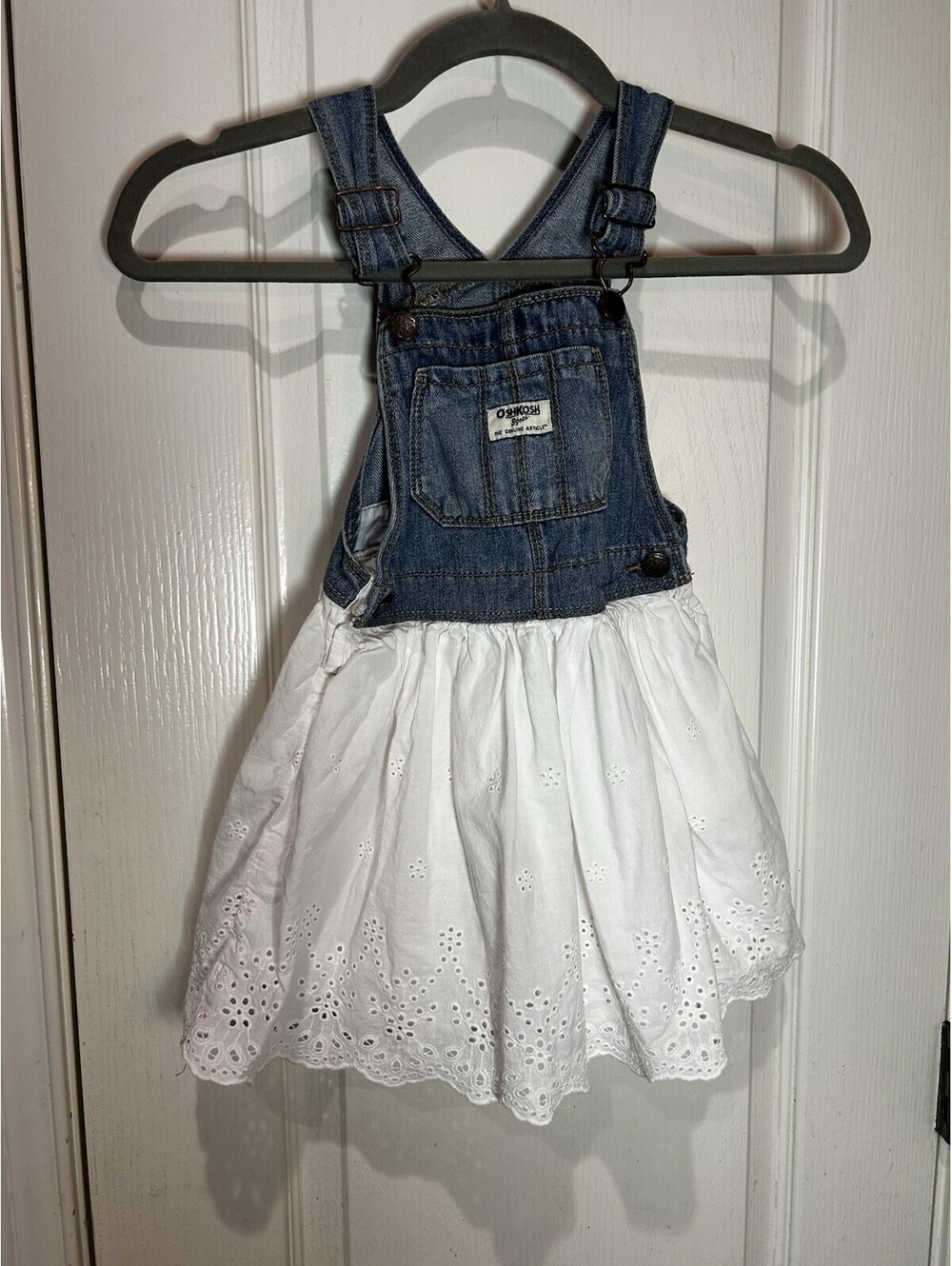 oshkosh girls 4T Overall Denim Dress White Eyelet Skirt Country